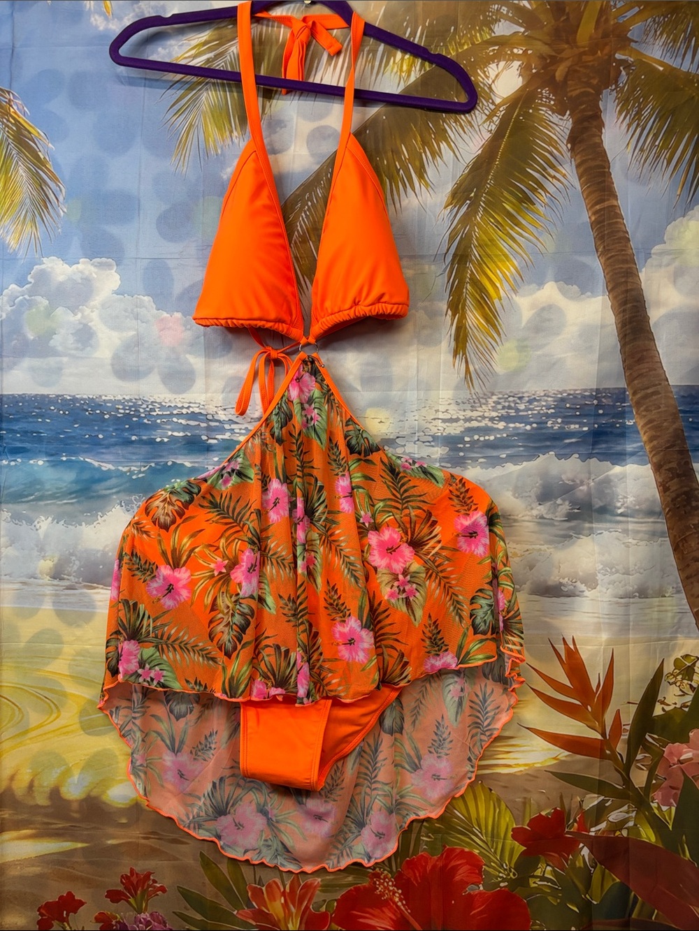 Amazon Essentials Orange Floral Halter Swim Dress with Tie Top
